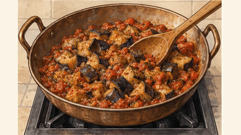 Moroccan Zaalouk Eggplant and Tomato Salad, step 3: Combine and mash.
