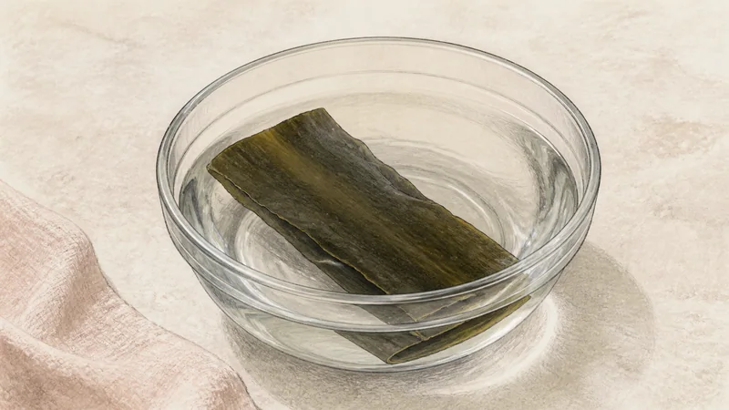 冷たいざるそばとめんつゆの手順1「昆布を水につける」を示す調理イラスト。