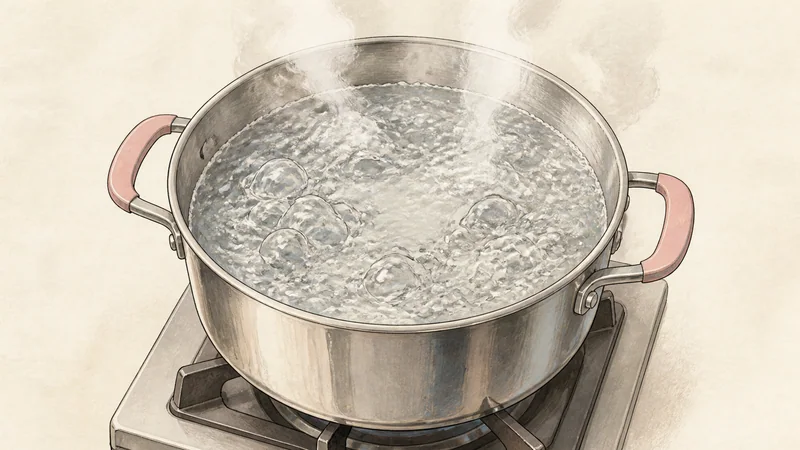 冷たいざるそばとめんつゆの手順3「たっぷりの湯を沸かす」を示す調理イラスト。