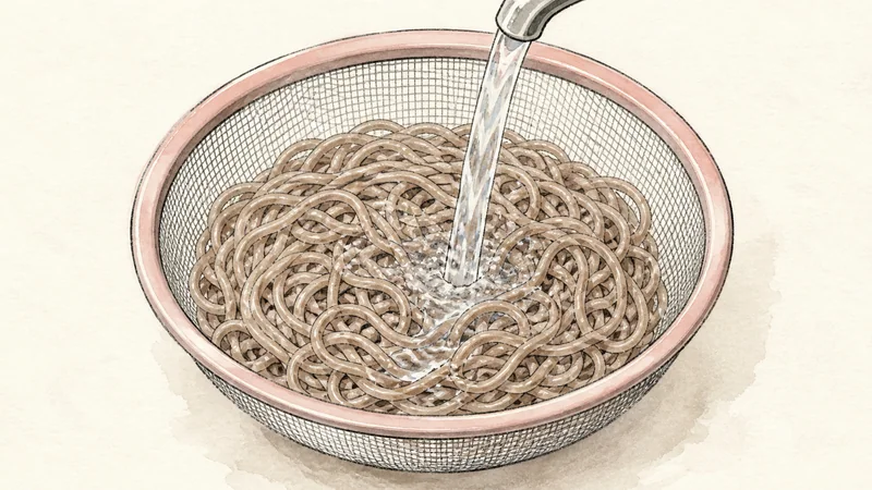 冷たいざるそばとめんつゆの手順5「冷水で洗う」を示す調理イラスト。