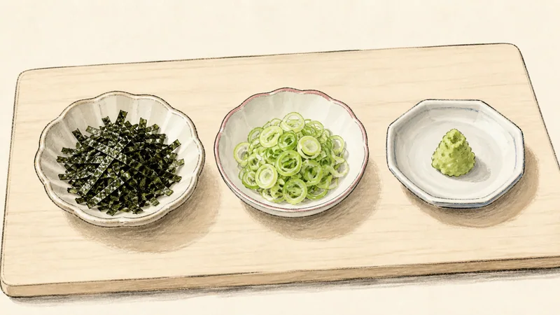 冷たいざるそばとめんつゆの手順7「薬味を準備する」を示す調理イラスト。