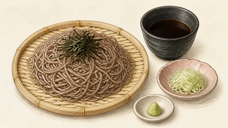 冷たいざるそばとめんつゆの手順8「盛り付けてつけて食べる」を示す調理イラスト。