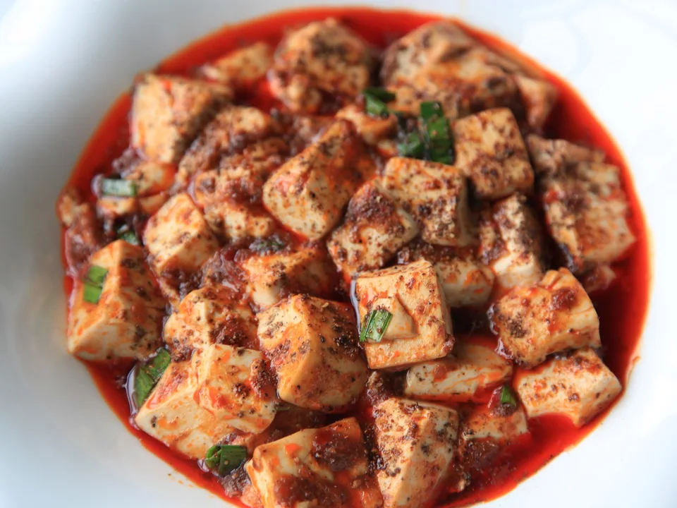 浅い器に盛った、形を保った豆腐、豚ひき肉、赤い辛味ソース、長ねぎの麻婆豆腐
